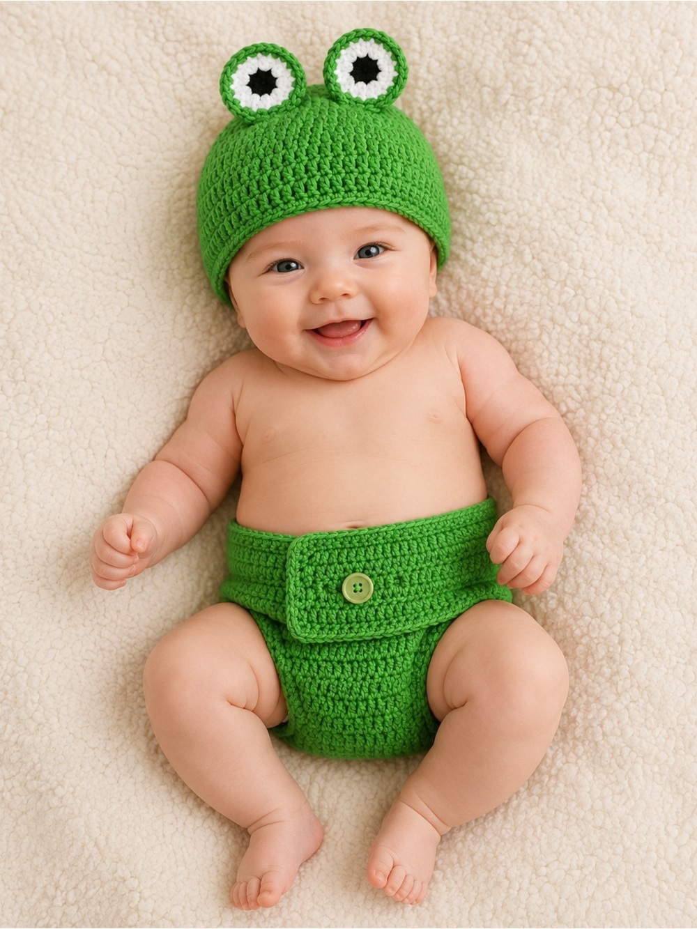 Handmade Green Frog Crochet Baby Diaper Cover and Hat Set-Large